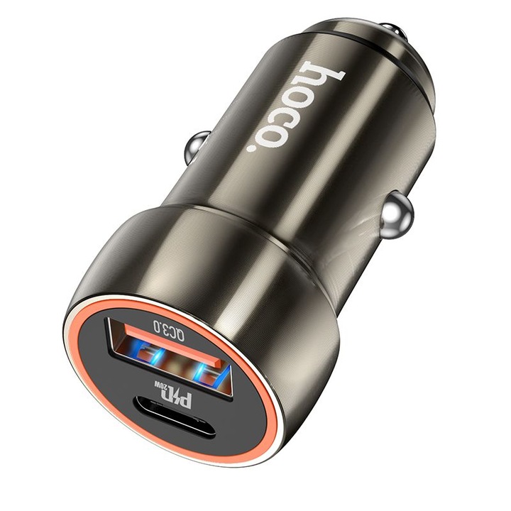 Incarcator auto Hoco Z46A, dublu USB-C 20W si USB-A 18W, suport PD/QC3.0, gri, 54x25mm