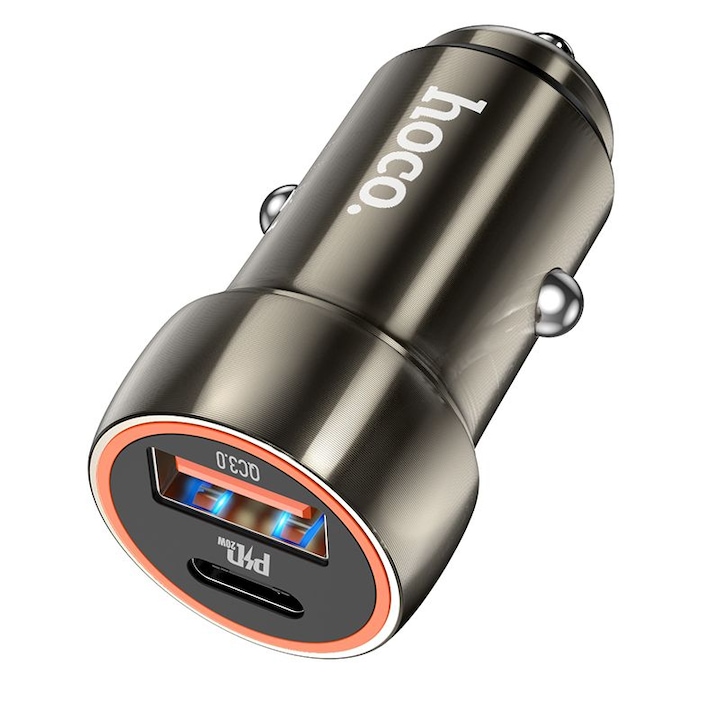 Incarcator auto Hoco Z46A, dublu USB-C 20W si USB-A 18W, suport PD/QC3.0, gri, 54x25mm