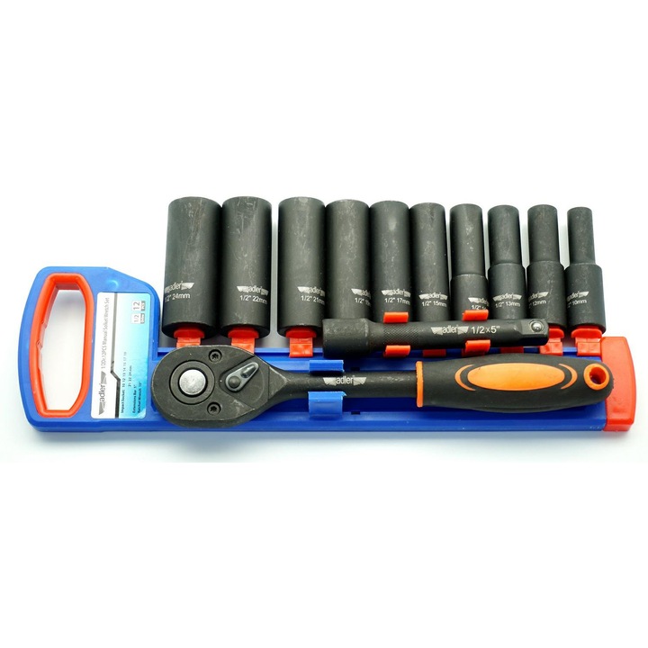 Set 12 bucati prize lungi cu cheie cu clichet, ADLER, 10-24mm, rezistent la coroziune