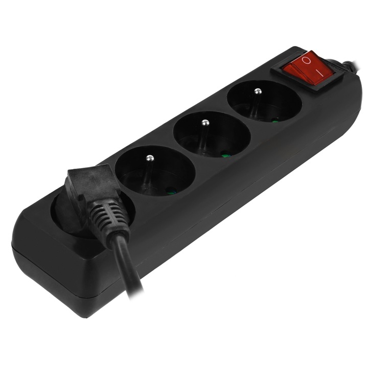 Удължител със заземяване, Awtools, черен, 4 гнезда, 3,0 м