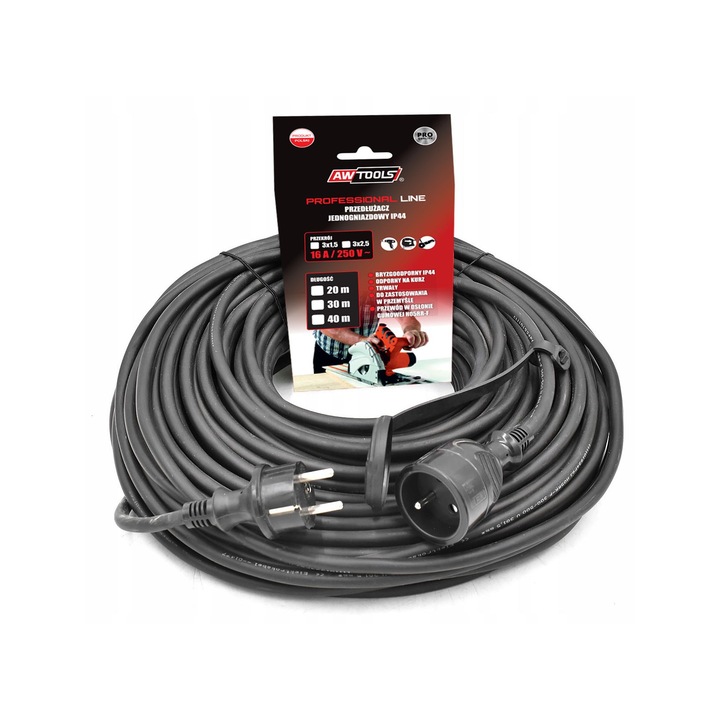 Удължителен кабел, AwTools, гума, 10 м, черен