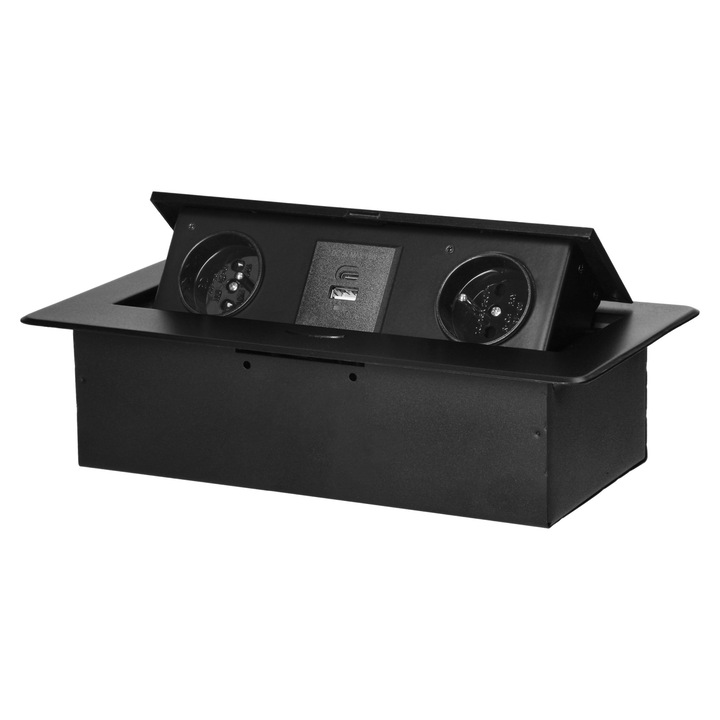 Кутия с контакти за вграждане за мебели, Orno, вградена в плота, USB-A/USB-C, черна
