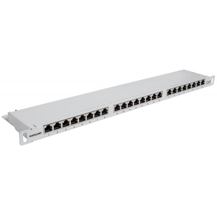 Пач панел 24 порта RJ45 Cat6 FTP, Intellinet, 0.5U, сив, 100x482x22.2mm