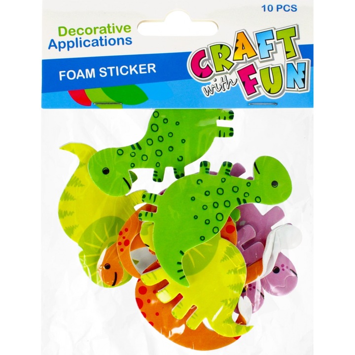 Set 10 decoratiuni dinozauri, Craft with fun, Spuma, Autocolant, 3+, Multicolor