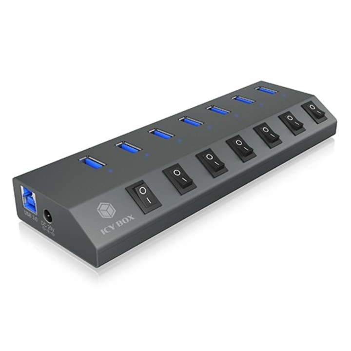 Хъб със 7 порта, ICY BOX, USB 3.0 Type-C и Type-A и поддръжка на BC 1.2, черен