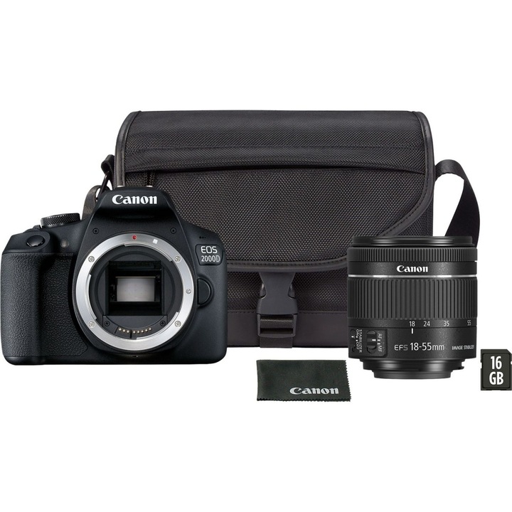 Kit Aparat foto, Canon, Model EOS 2000D + EF-S 18-55 IS II lens + VUK , Card 16 GB, Negru