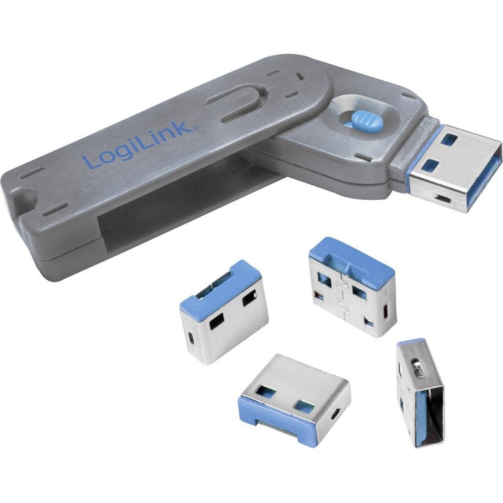 Система за заключване на USB портове LogiLink, USB-C, 1 ключ и 4 ключалки, Сив/Син