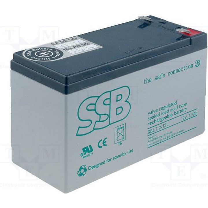 Baterie SBL, SSB, 7.2-12L, 12V/7.2Ah T2, Durata de viata 10-12 ani, Gri