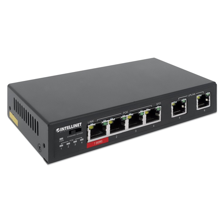 Суич, Intellinet, 6 порта, 60W, POe/SPD, черен