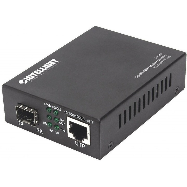 Медиен конвертор, INTELLINET, RJ45/SFP, PoE+, черен