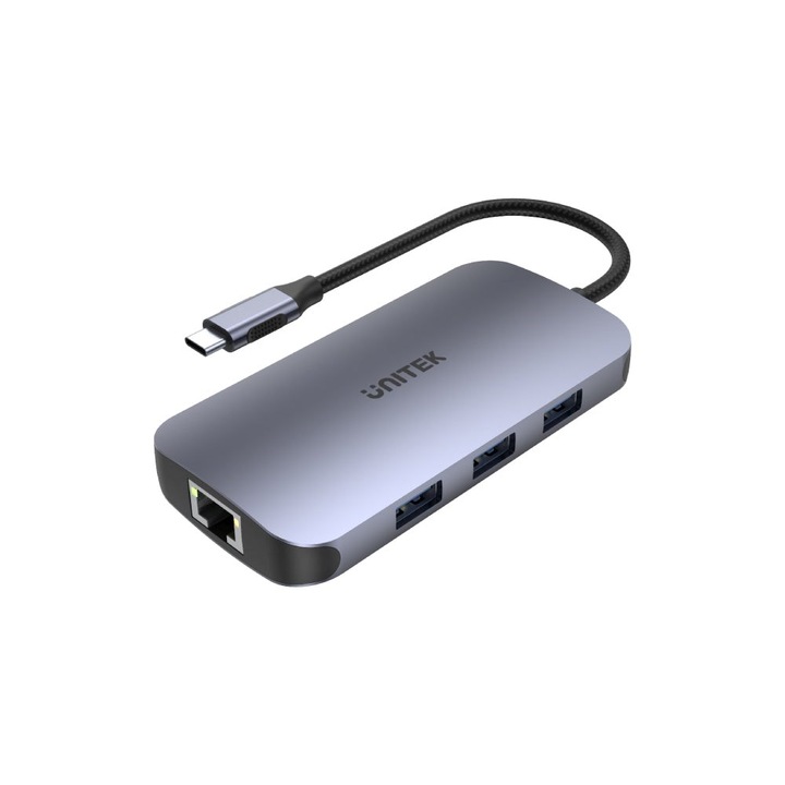 Unitek N9+ USB-C хъб, HDMI, PD 100W, четец на карти, сив