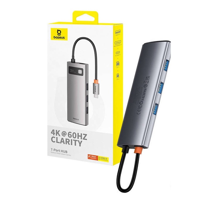 Хъб 7w1 Baseus Gleam, USB-C до 1x HDMI4K 60Hz + 3x USB3.0 + 1x PD + 1x SD/TF (слабо)