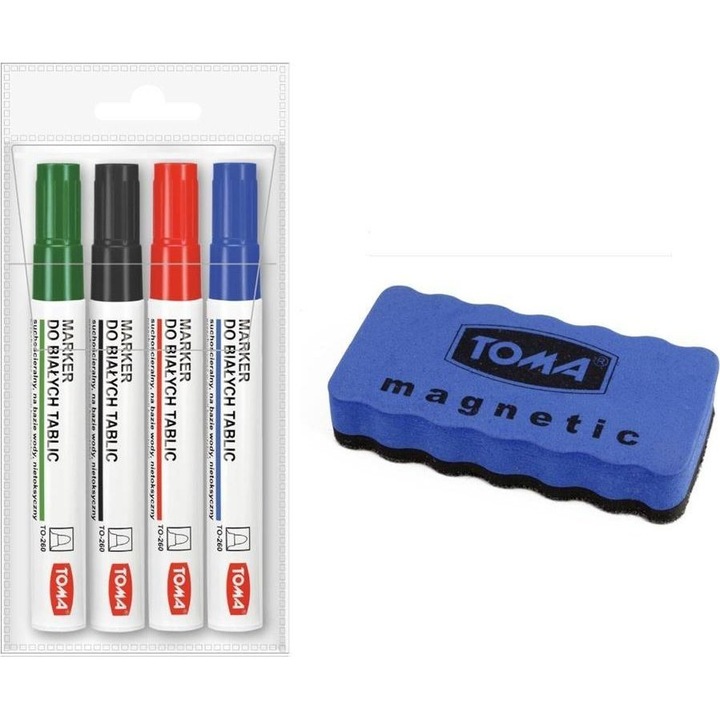 Set markere pentru tabla alba Toma, 4 culori, cu stergator