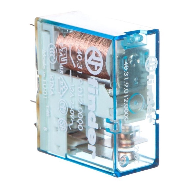 Releu miniatural, Finder, 1P, 10A, 12V DC, Albastru