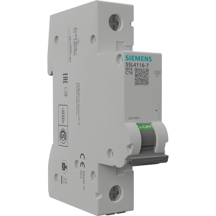 Siguranta electrica, Siemens, 1P C 16A 10kA AC, Alb