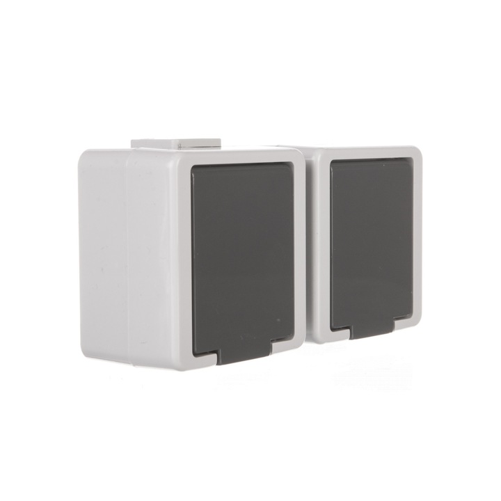 Priza dubla, Timex, IP44, Cu capac, Gri/Alb