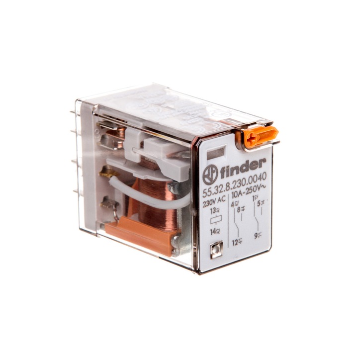 Releu miniatural, Finder, 2P, 10A, 230V, AC, Cu buton, Alb