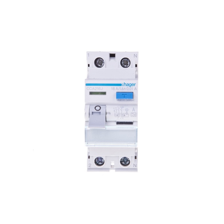 Intrerupator de curent rezidual, Hager, 2P, 16A, Alb/Albastru