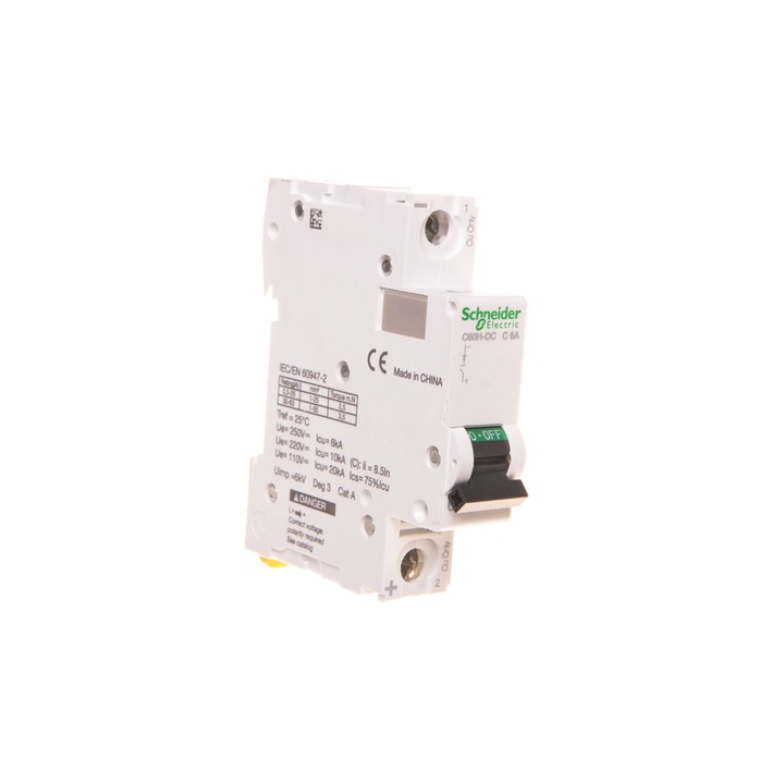 Siguranta electrica, Schneider Electric, C60H-DC, 1 pol, 6A, 250V DC, IP20, Alb