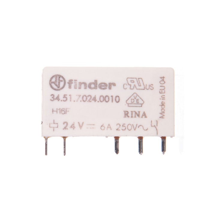 Releu miniatural, Finder, 1P, 6A, 24V DC, Alb