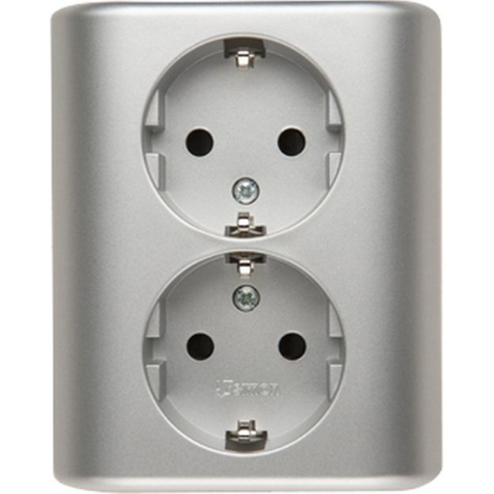 Priza dubla, Kontakt-Simon, Plastic, 2x Schuko, 16A, 250V, Gri
