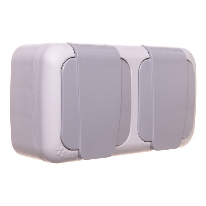 Priza dubla cu impamantare, Viko, Termoplastic, 250V, 16A, IP54, Gri