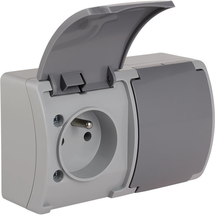 Priza dubla cu capac, Elektro-Plast, IP44, Gri