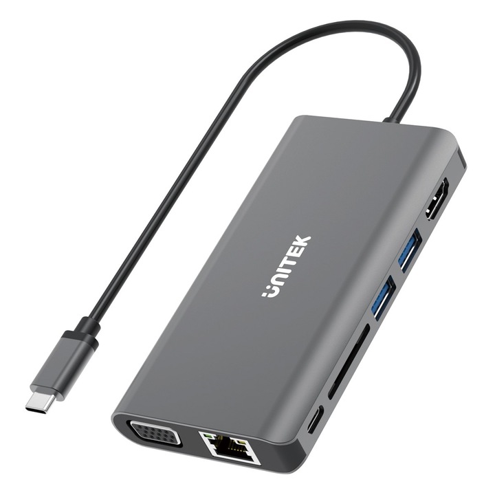 Хъб 8 в 1, Unitek, USB-C, 100 W, сив