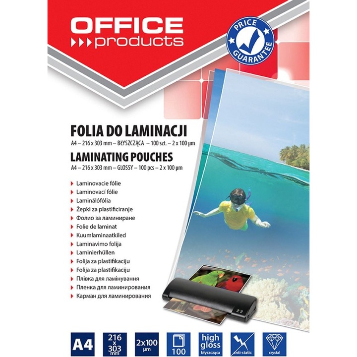 Folie laminare, Office products, A4, 2x100 microni, Transparent lucios, 100buc/top