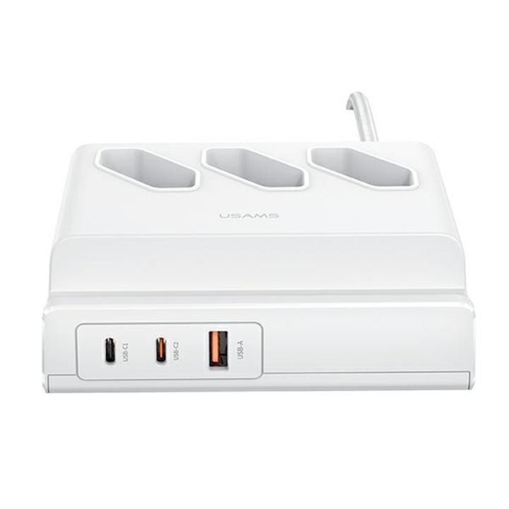 Удължител USAMS, ABS/Поликарбонат, USB/EU щепсел, 65W, 2 м, Бял