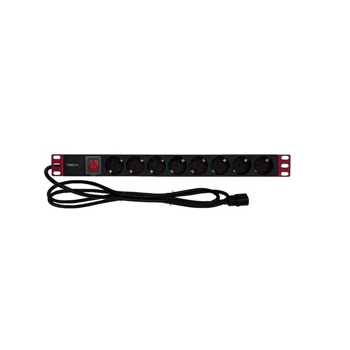 Удължител Techly 365733, 19'' 1U, 8x Шуко, Кабел C14, 2м