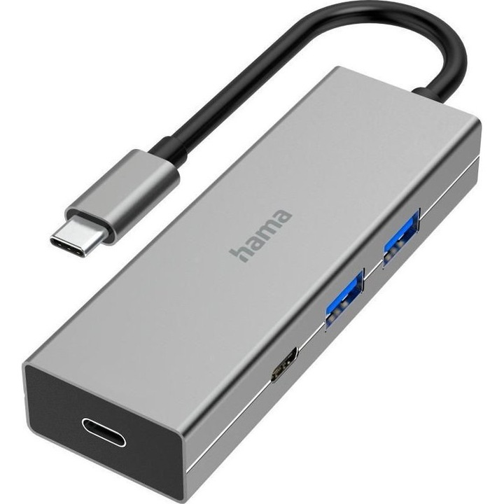 Хъб, Hama, USB-C, Сребрист, 4 порта, 5 Gbit/s