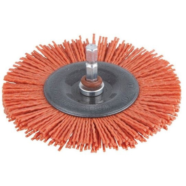 Perie din nailon pentru burghie electrice, Wolfcraft, tija 6mm, 75mm, rosu/argintiu