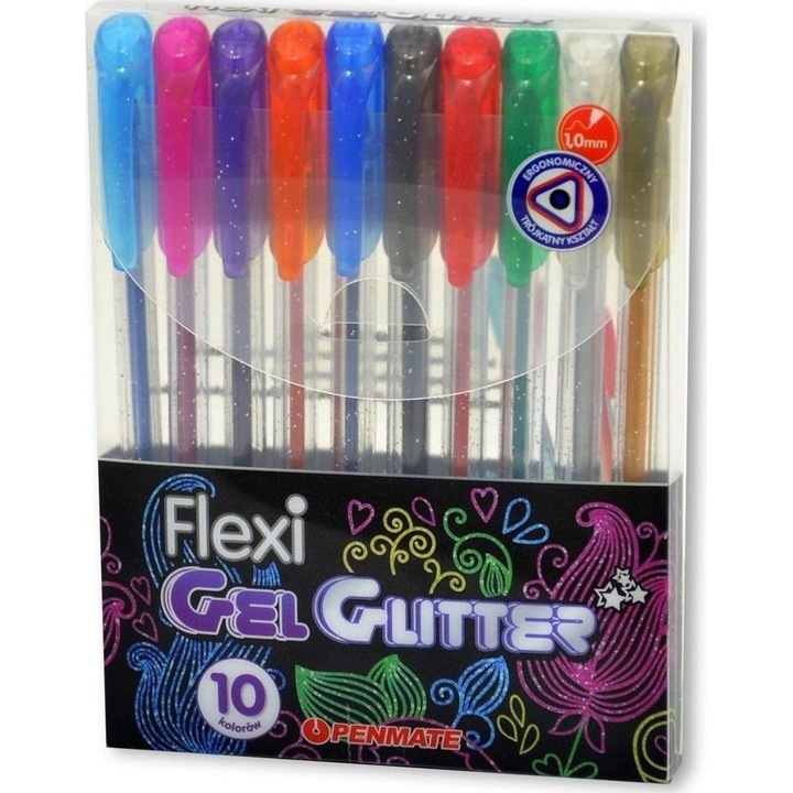 Set 10 pixuri gel Flexi, Penmate, Multicolor cu sclipici