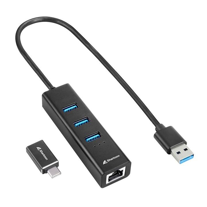 Хъб с RJ45 Ethernet адаптер, Sharkoon, Алуминий, 3 x USB 3.2 Gen 1, 50 g, Черен