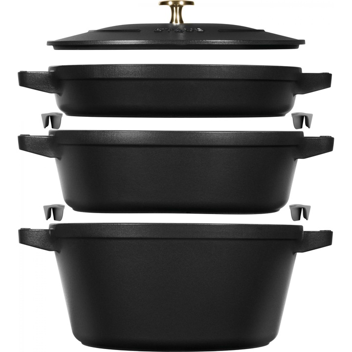 Комплект от 3 съда с капак, Staub, чугун, черен, 9.62 кг
