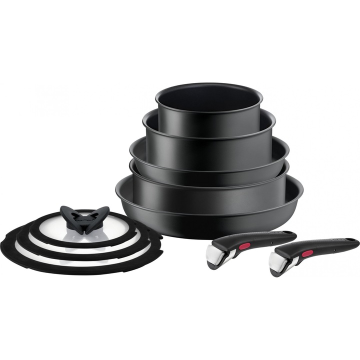 Комплект от 10 артикула, Tefal, Алуминий, Черен/Прозрачен