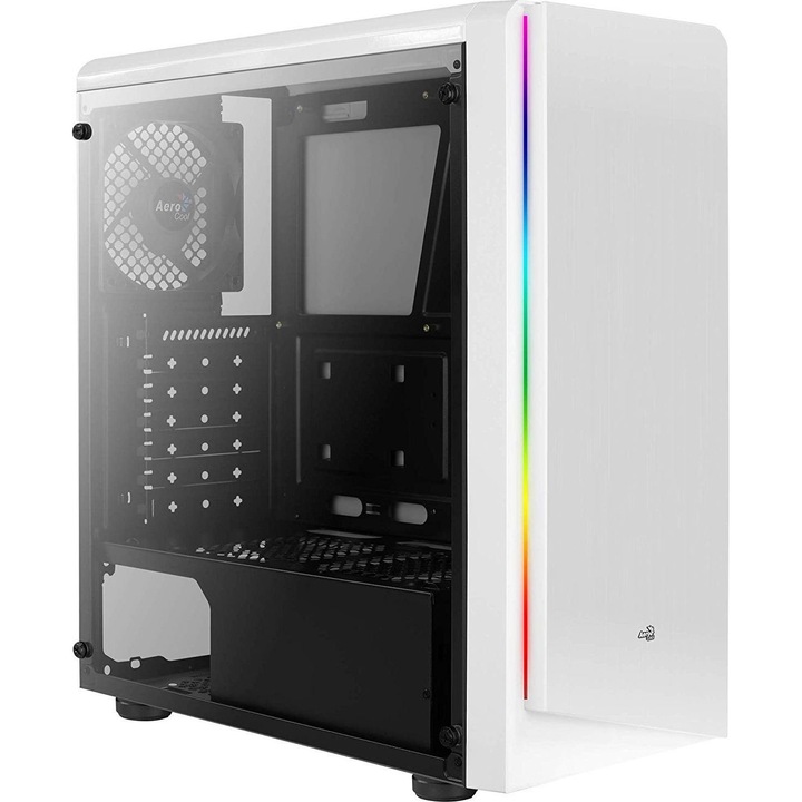 Midi Tower tok, tápegység nélkül, Aerocool, RGB, 41,1 x 19,5 x 46,1 cm, 3,7 kg, Fehér