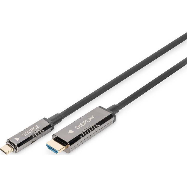 Оптичен активен кабел, DIGITUS, USB-C към HDMI, 4K UHD, 18 Gbps, 20 м, черен