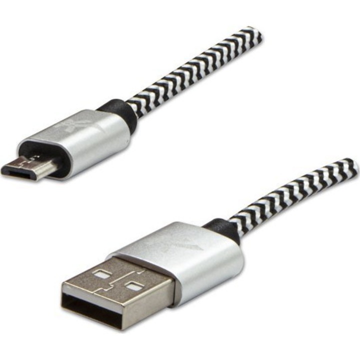 Cablu USB, Logo, USB-A/microUSB, 1m, Argintiu/Negru