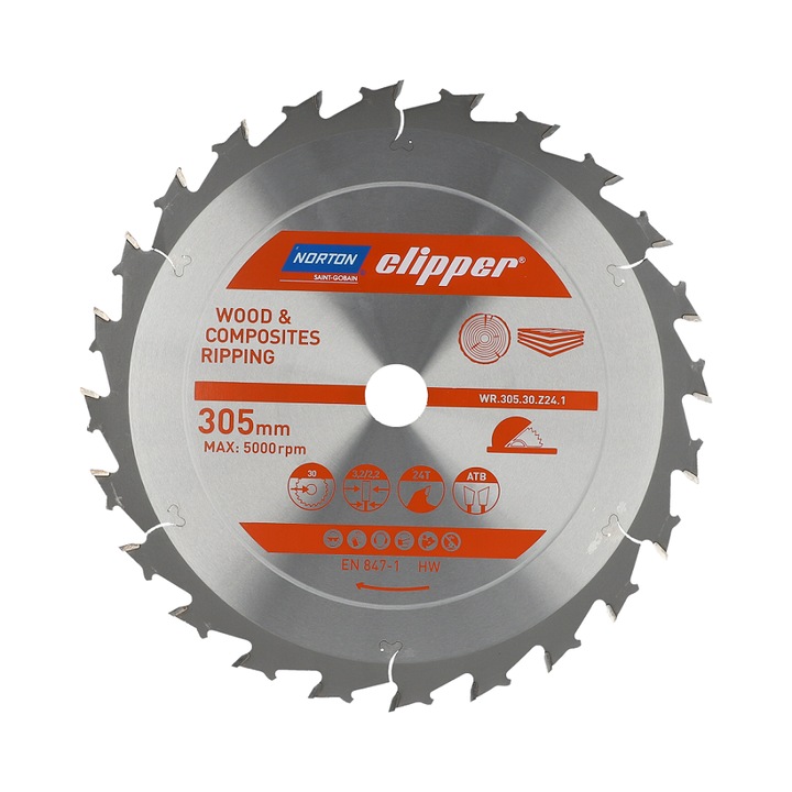 Disc de taiere, Norton Clipper, pentru lemn si compozit, 305mm x 30mm x 24z, compatibil fierastrau circular