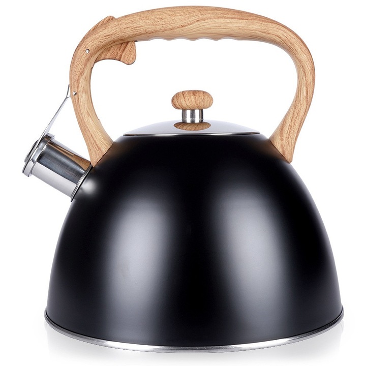 Чайник от неръждаема стомана Artemis, 3L, черен, 23x22см, с дръжка от материал, наподобяващ дърво, с автоматично свирене.