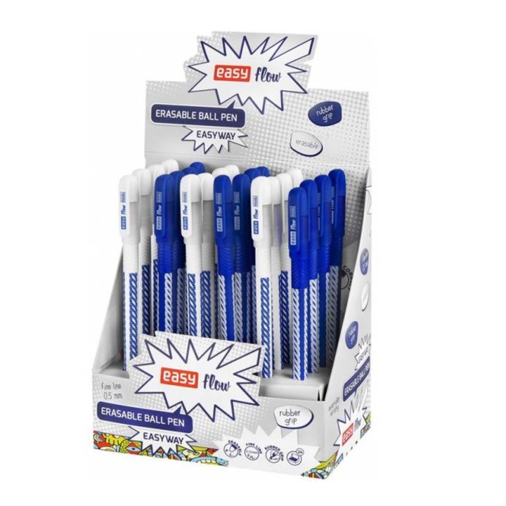 Комплект от 24 изтриваеми химикалки, Easy, Вградена гума, 0,5 мм, Син