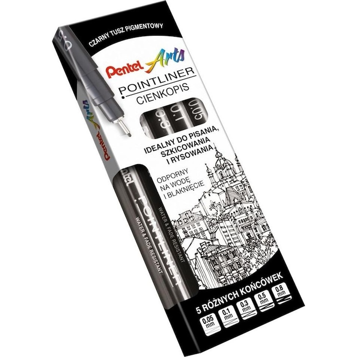 Set 5 linere, Pentel, Rezistent la apa, 0.05 - 0.8 mm, Negru