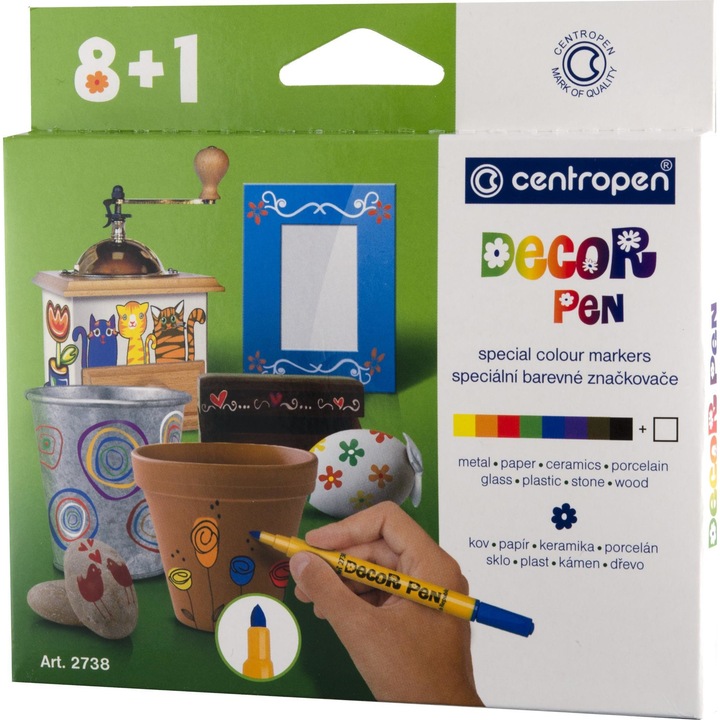 Комплект маркери Centropen Decor Pen 2738, UV устойчиви, кръгъл връх 1.5mm, 9 бр.