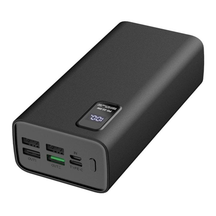 PLATINET Power Bank hordozható töltő 30000mAh, 4 USB, QC 3.0, LED kijelző, fekete