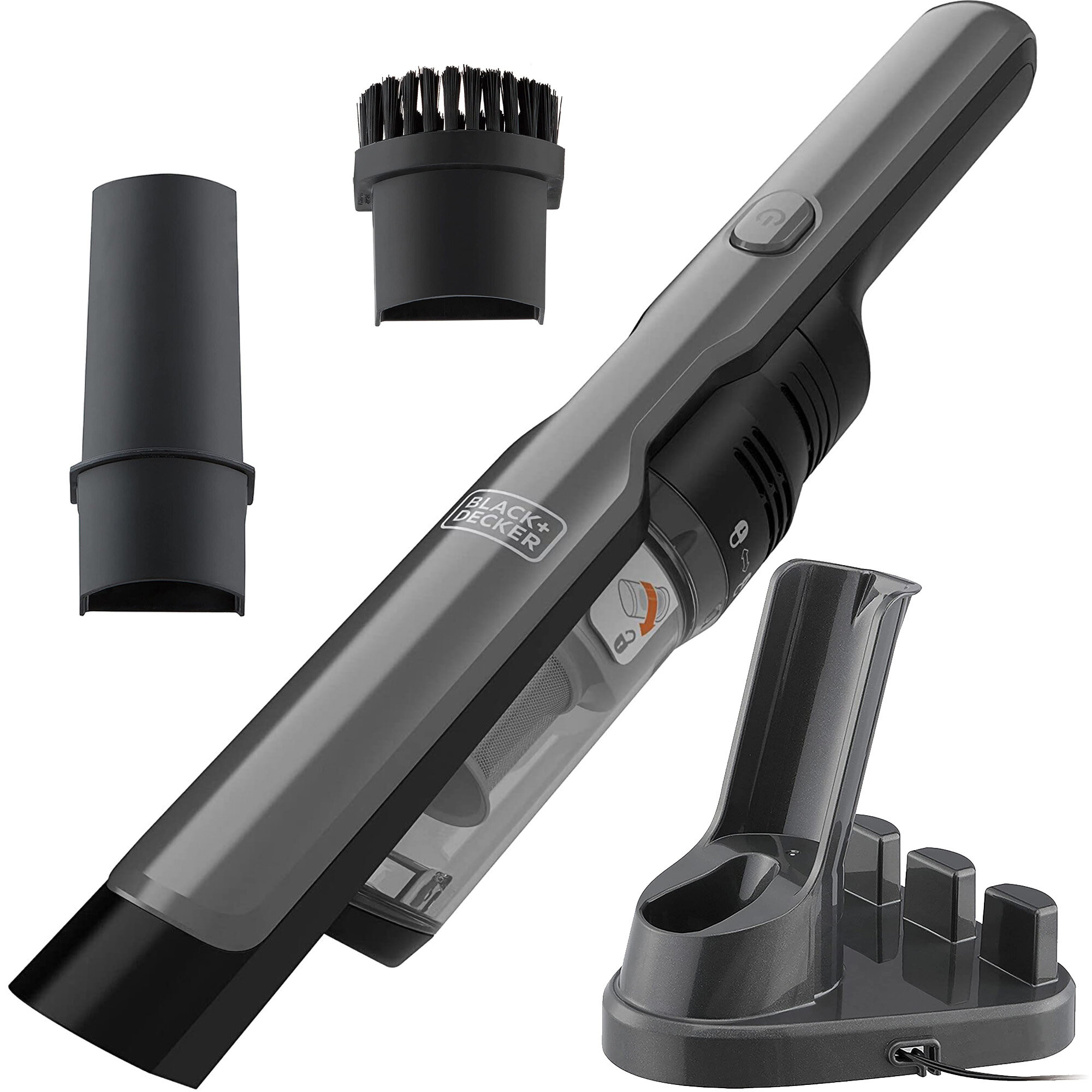 Aspirator portabil Black Decker DVC320B21-QW cu acumulator de 12 V, design super subtire, motor digital modern, 2 niveluri de aspirare, include statie de incarcare, duza pentru spatii inguste