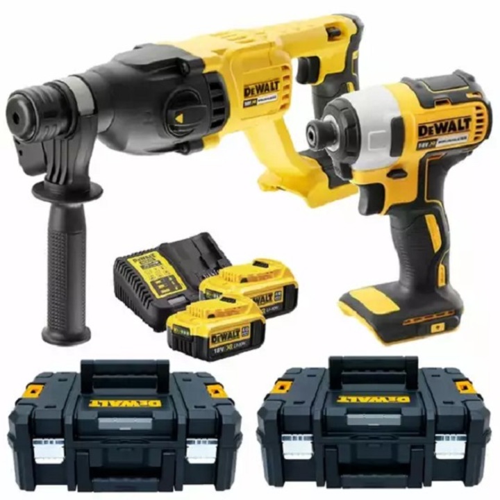 Set masina de gaurit si ciocan demolator, DeWALT, Baterii incluse, Negru/Galben