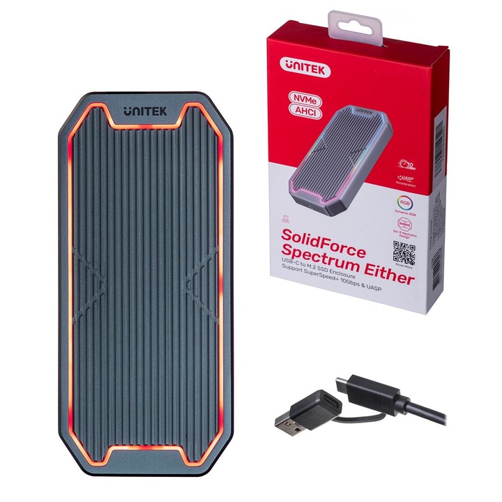 Carcasa SSD, Unitek, 10Gbps, RGB, Gri