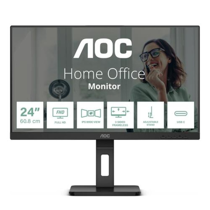 Монитор 23.8'' AOC 24P3CV, WLED, IPS, 1920 x 1080, Ethernet (RJ-45), 1 x HDMI 1.4, 1 x DisplayPort 1.2, 1 x Audio Out, 4 x USB 3.2 Downstream, 1 x USB 3.2 Type-B, 1 x USB 3.2 Type-C Upstream, Вградени високоговорители 2 x 2W